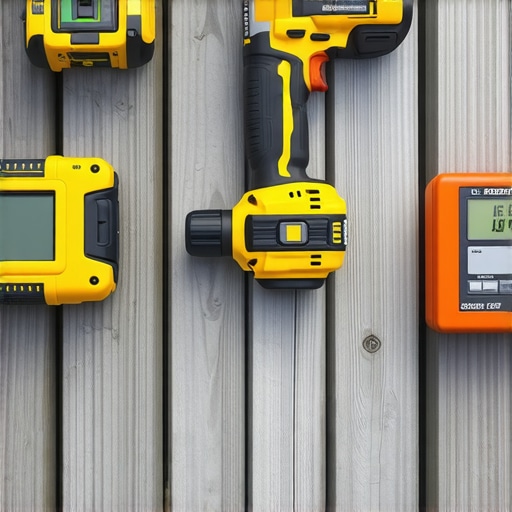 Essential Tools for Outdoor Deck Maintenance A collection of professional tools including a cordless drill, laser level, and moisture meter used for outdoor deck upkeep.