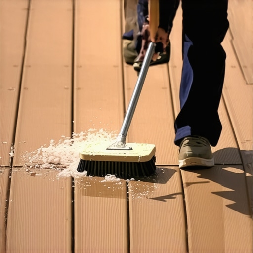 Person cleaning a composite deck with a soft brush and mild cleaner.