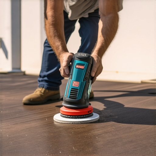 Person sanding a composite deck with a high-quality orbital sander outdoors