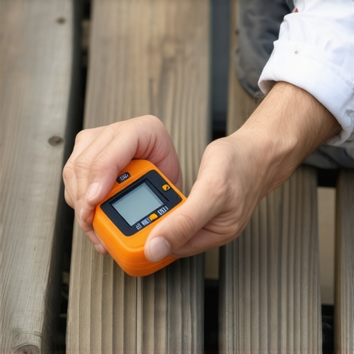 A person measuring wood moisture content on a deck with a digital moisture meter outdoors