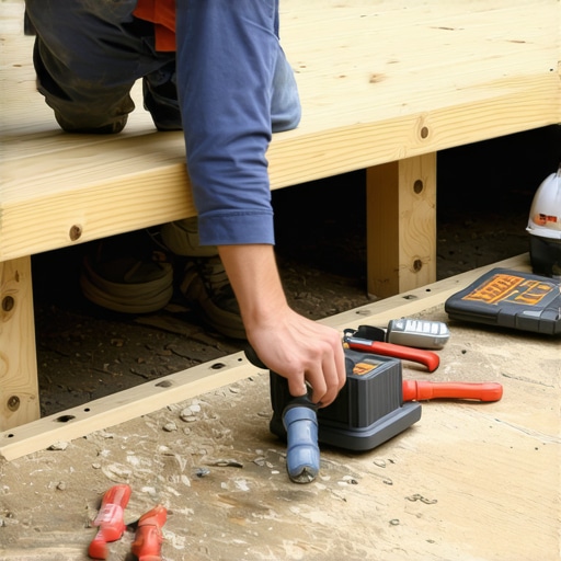 Installing Under-Deck Drainage System A person working underneath a wooden deck to install a drainage system, with tools and parts visible.