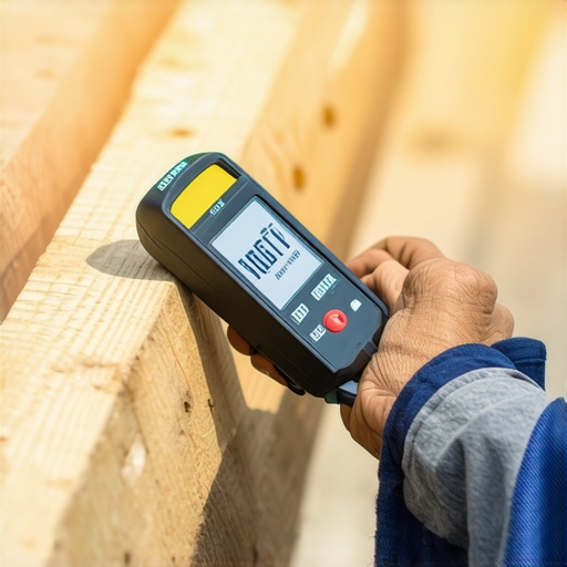 Moisture Meter Checking Deck Support Person testing moisture levels in outdoor deck support beams with a moisture meter