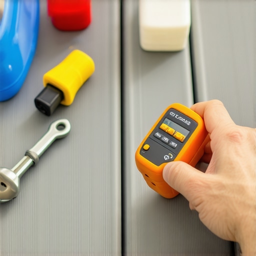 A moisture meter measuring moisture levels on a composite deck for maintenance