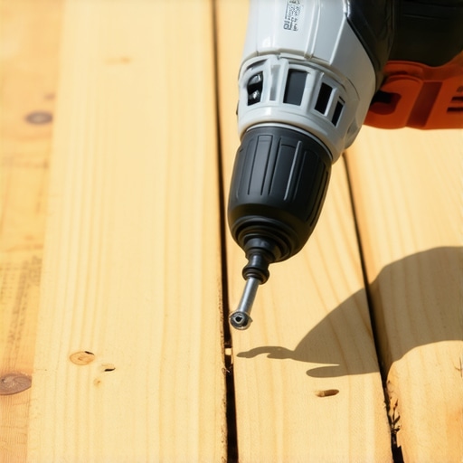 Power drill with LED light for deck maintenance A person using a cordless drill with LED light to fasten screws into a deck