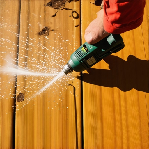 Person cleaning composite deck with oscillating tool and garden hose.