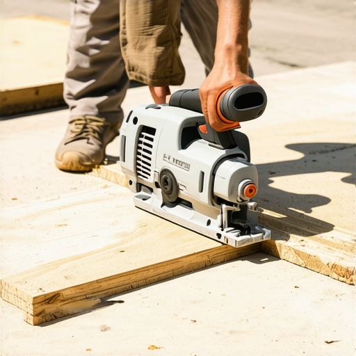 Person cutting deck board with a jigsaw along a marked line outdoors