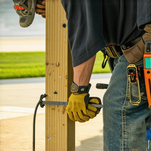 Installer measuring a deck post with level and tape measure for accurate mounting