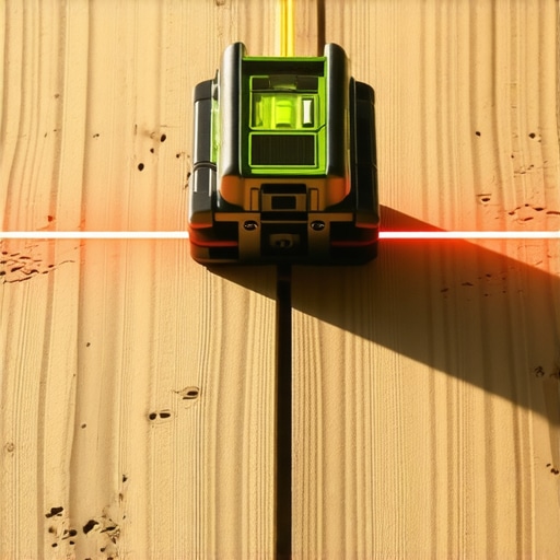 A professional deck builder using a laser level to ensure deck support alignment
