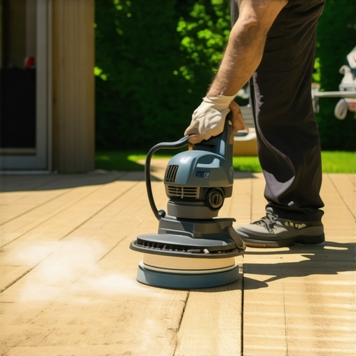 Person sanding a wooden deck with a high-quality orbital sander, highlighting professional maintenance tools.