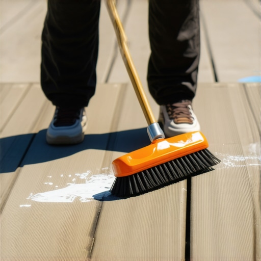 Proper Cleaning Technique for Composite Decking Person cleaning composite decking with a soft brush and gentle cleaner in outdoor setting.