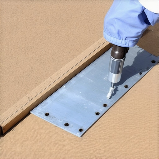 Close-up view of hands installing metal flashing on outdoor deck stairs with sealant.