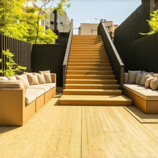Modern multi-level backyard deck with built-in seating and stairs
