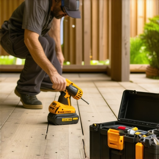 Homeowner using impact driver and laser measurer for deck upkeep