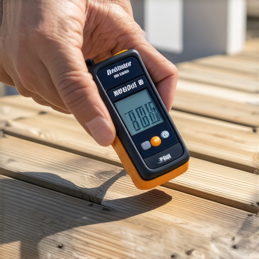 Person measuring moisture content in deck wood with a digital meter to prevent rot and warping.