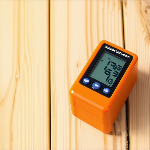 A person testing moisture levels on a wooden deck with a digital moisture meter.