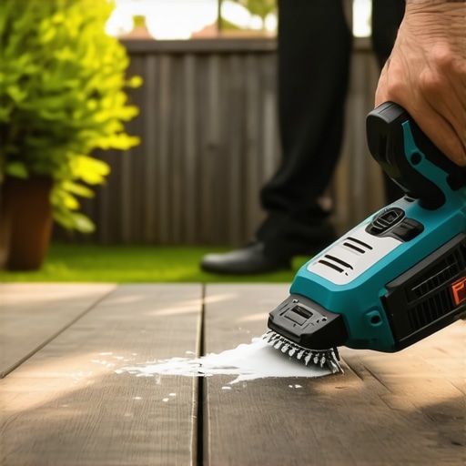 A person using a cordless multi-tool to clean a composite deck with greenery in the background
