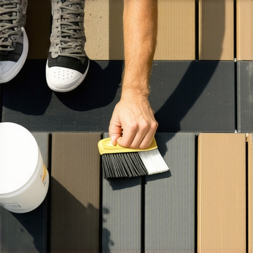 A hand applying protective sealant to a freshly cut composite deck board end in an outdoor space