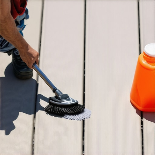 Person cleaning composite deck with brush and cleaner in sunlight