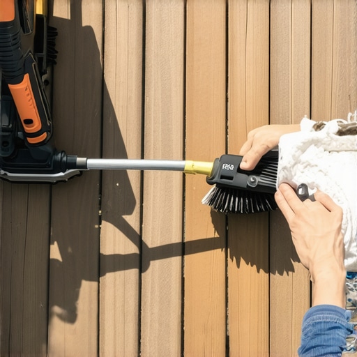 Cleaning a Composite Deck with Proper Tools Person using a power washer and brush to clean a composite deck for maintenance