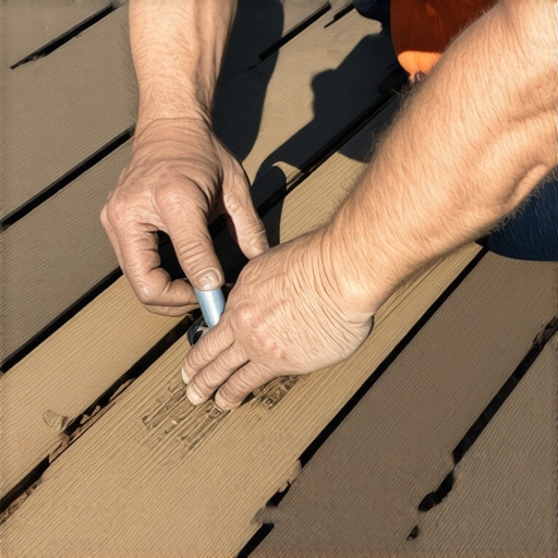 Handyman installing a new composite deck board to replace a damaged one, showing precise cutting and fastening.