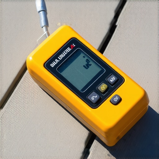 A person using a digital moisture meter on a composite deck to check for water damage