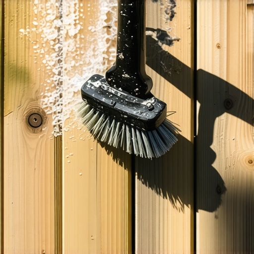 Person cleaning moss off composite outdoor deck with brush and vinegar