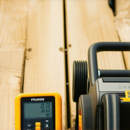 Person measuring moisture content of deck wood with a digital moisture meter alongside a pressure washer in bright sunlight