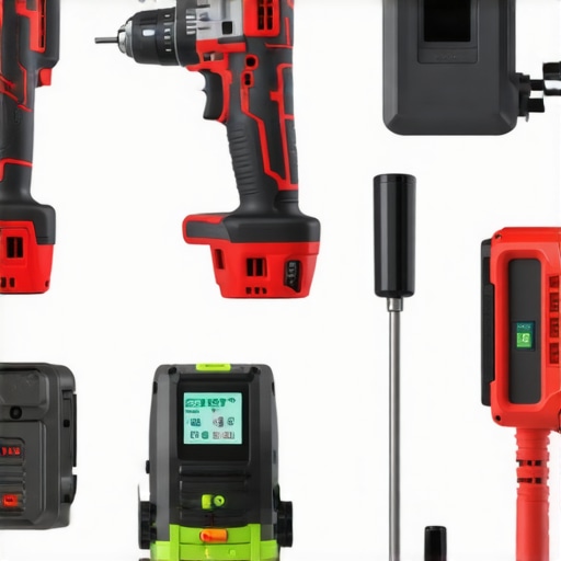 Impact driver, magnetic screw holder, pressure washer, and laser level tools used for outdoor deck upkeep.