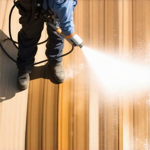 High-Quality Power Washer for Deck Maintenance Person cleaning composite deck with a power washer, emphasizing tool effectiveness.