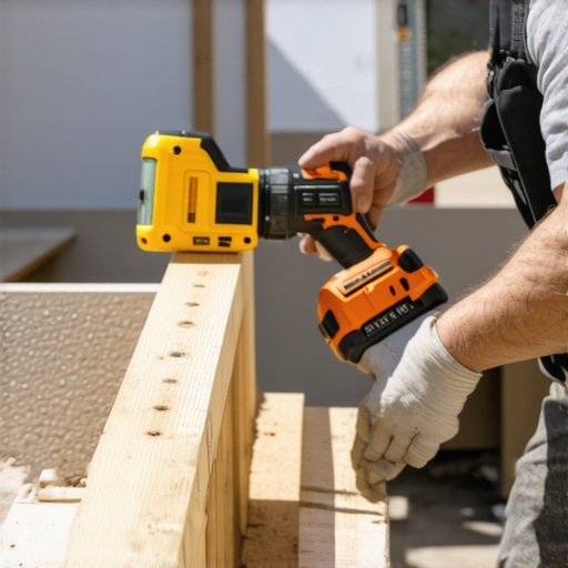 High-quality power tools for deck maintenance Cordless drill and laser level in use during deck repair