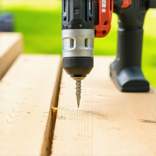 A cordless impact driver tightening fasteners on a composite deck, showcasing precision tools in outdoor setting