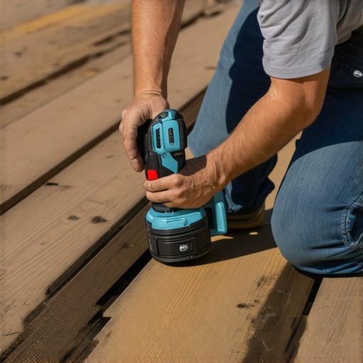Homeowner using impact driver on composite decking during outdoor project.