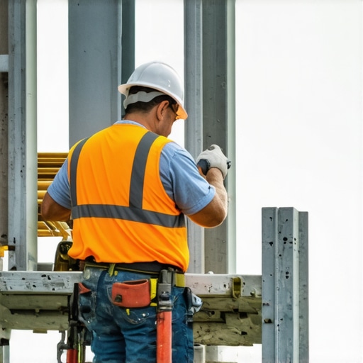 Worker examining sturdy support beams for outdoor kitchen