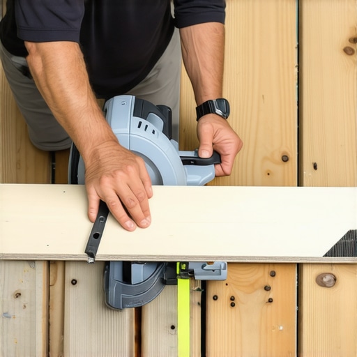 Person measuring and cutting composite decking boards for a border
