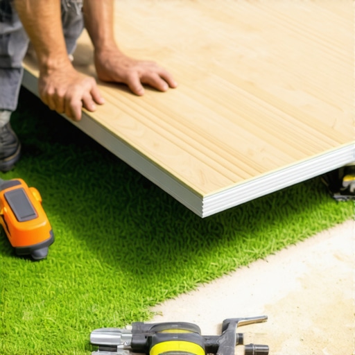 A craftsman carefully placing a wooden stair leading from a deck into a grassy yard, demonstrating professional outdoor landscaping.