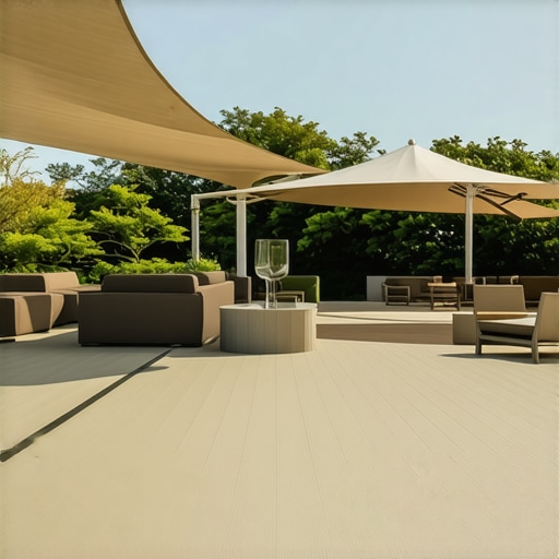 Modern outdoor deck with light-colored composite boards, shade sails, and seating area