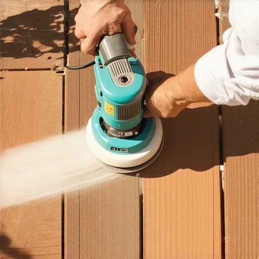 A hand holding a pneumatic palm sander smoothing composite deck surface