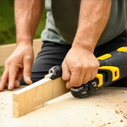 A carpenter using a measuring tape and saw to prepare staircase supports in a backyard.