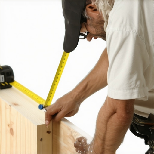 Measuring and marking for stairs Close-up of a carpenter measuring and marking a stair stringer with tape measure and chalk line. Ordinary wooden staircase construction process.