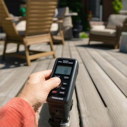 Homeowner testing moisture content on deck wood with a digital moisture meter.