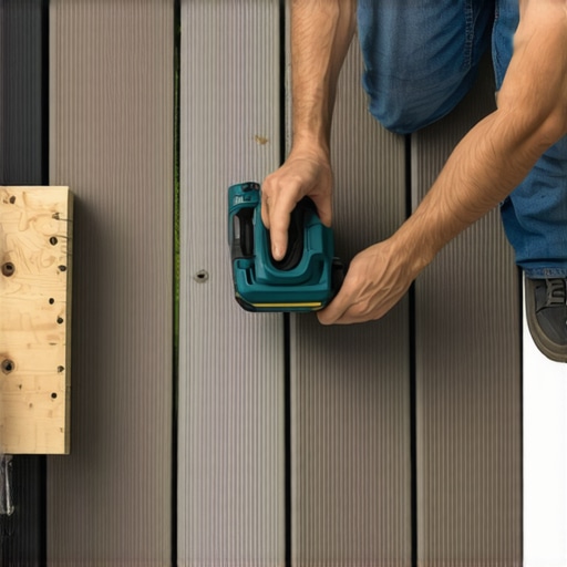 Close-up of impact driver securing fasteners into composite deck boards