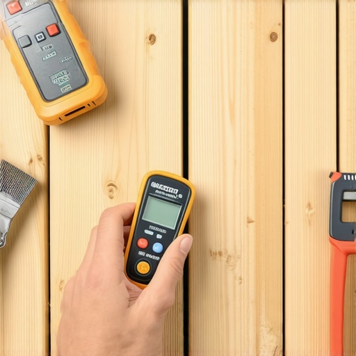 Precision Moisture Meter Use in Deck Maintenance Person measuring moisture content of a deck board with a digital moisture meter.