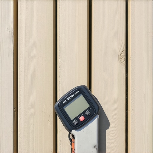 A hand holding a digital moisture meter testing a wooden deck to ensure proper moisture levels for durability.