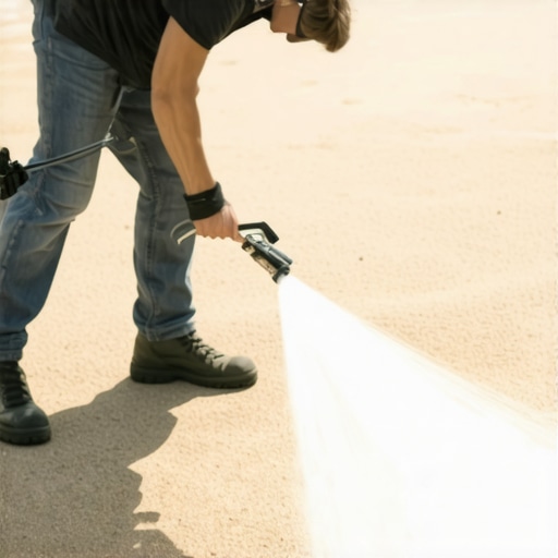 Person applying waterproof sealant to outdoor rug in backyard