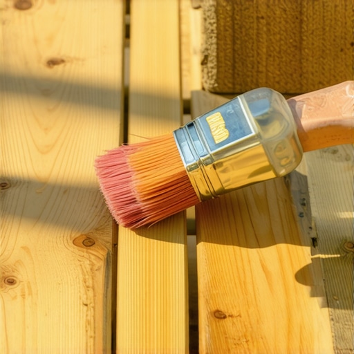 Close-up of a hand applying sealant to pressure-treated lumber outdoors