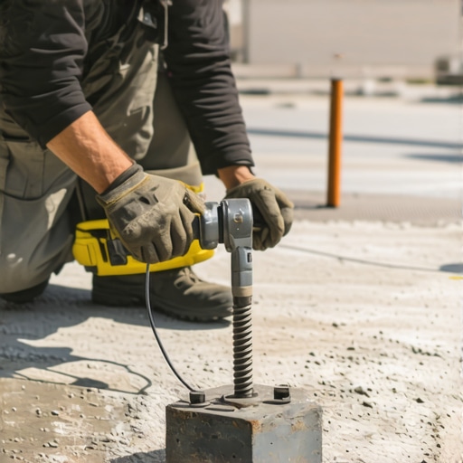 Handyman installing a metal post base on concrete with drill and anchors