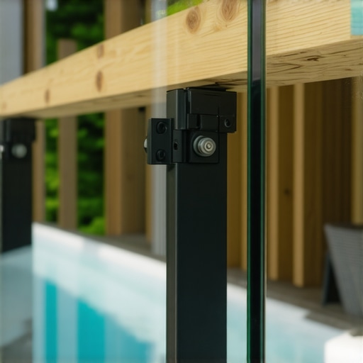 Close-up of glass balusters attached to deck posts using simple brackets
