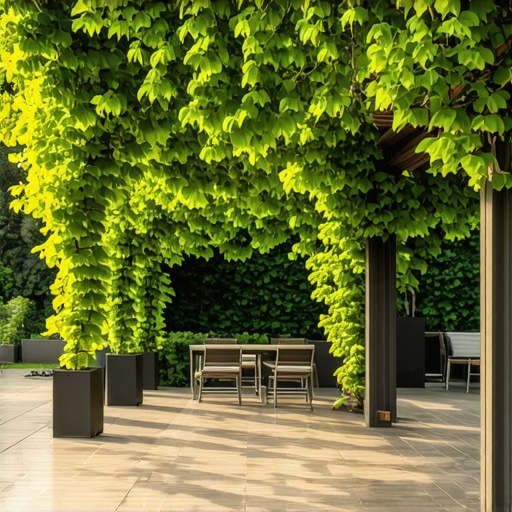 Shaded Light-Colored Composite Deck Bright outdoor deck with shade structure and light-colored composite decking