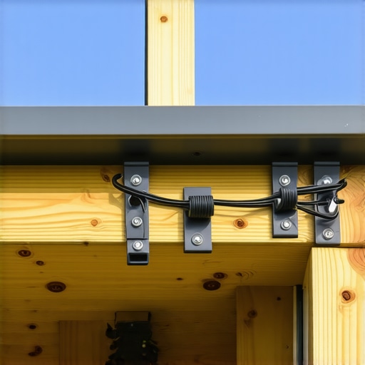 Close-up of outdoor wiring secured with clips along the fascia of a deck, showing neat wiring routing.