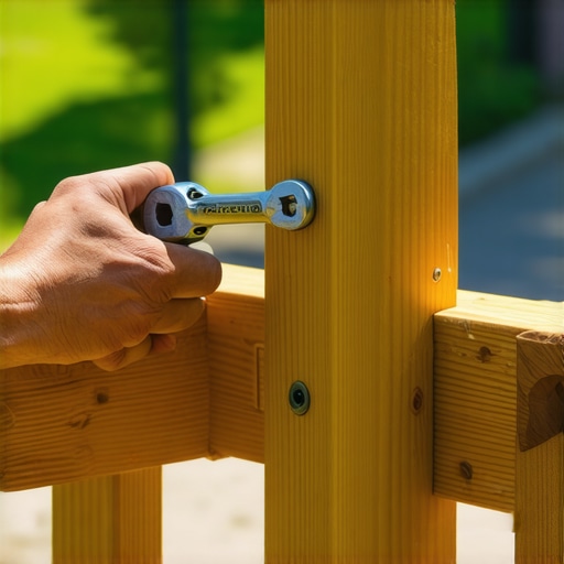 A person using a wrench to secure a bolt on a deck railing post outdoors.